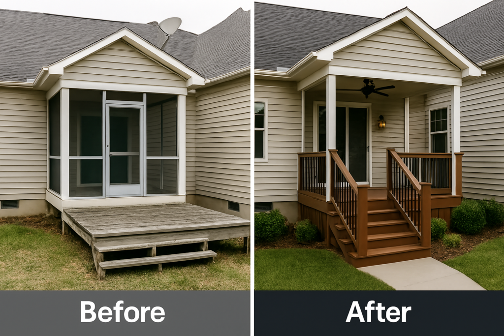 Front porch with white columns, dark wood door, and decorative landscaping