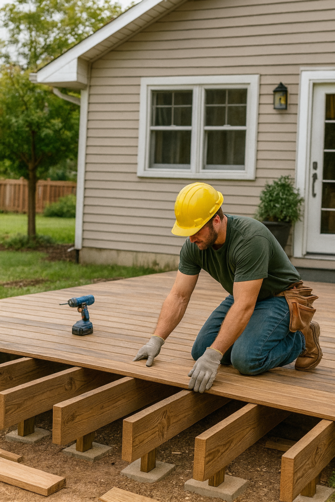 Construction worker installing a custom deck in Bethesda, MD using premium materials and tools.
