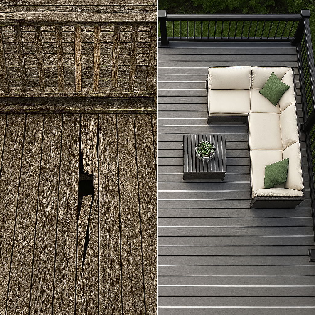 Side-by-side aerial view showing a damaged wooden deck with old railing on the left, and a modern Trex deck with metal railing and furniture on the right. Highlights the transformation from worn wood to premium composite.
