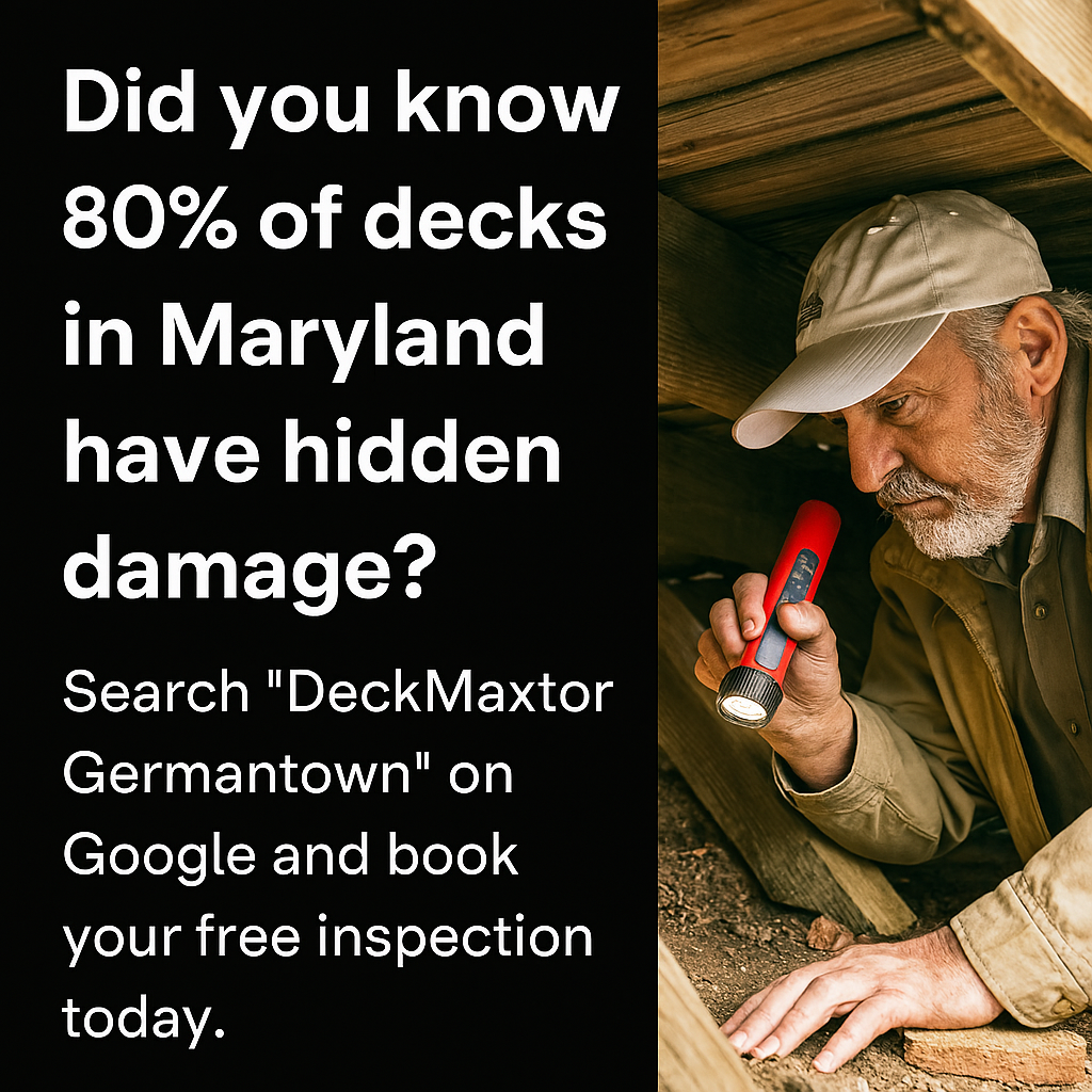 Senior inspector examining a wooden deck — professional inspection by DeckMaxtor