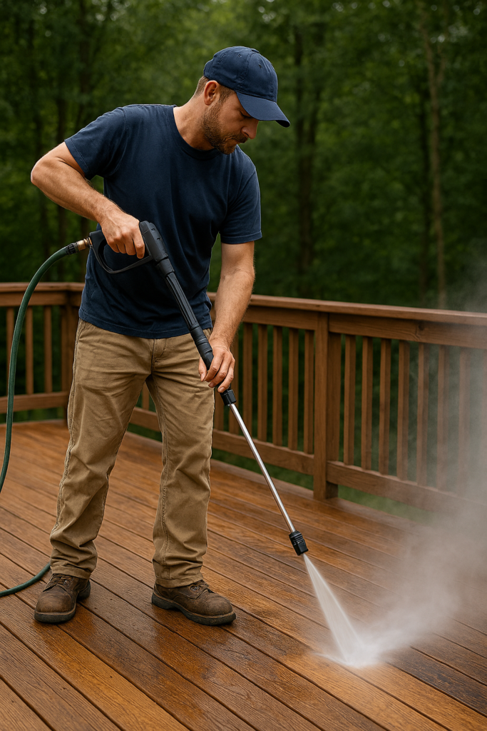 Man pressure-washing a wooden deck — professional low-pressure cleaning revealing fresh wood surface