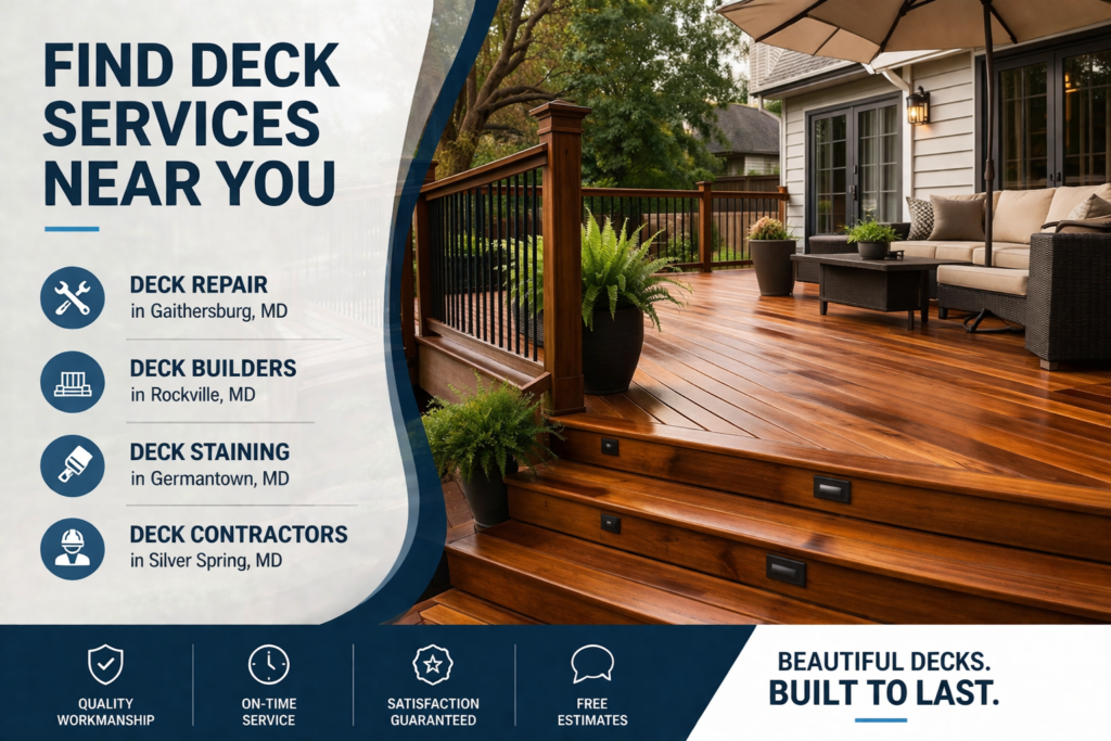 Modern wood deck with railing and stairs showcasing professional deck services in Maryland including repair, builders, and staining