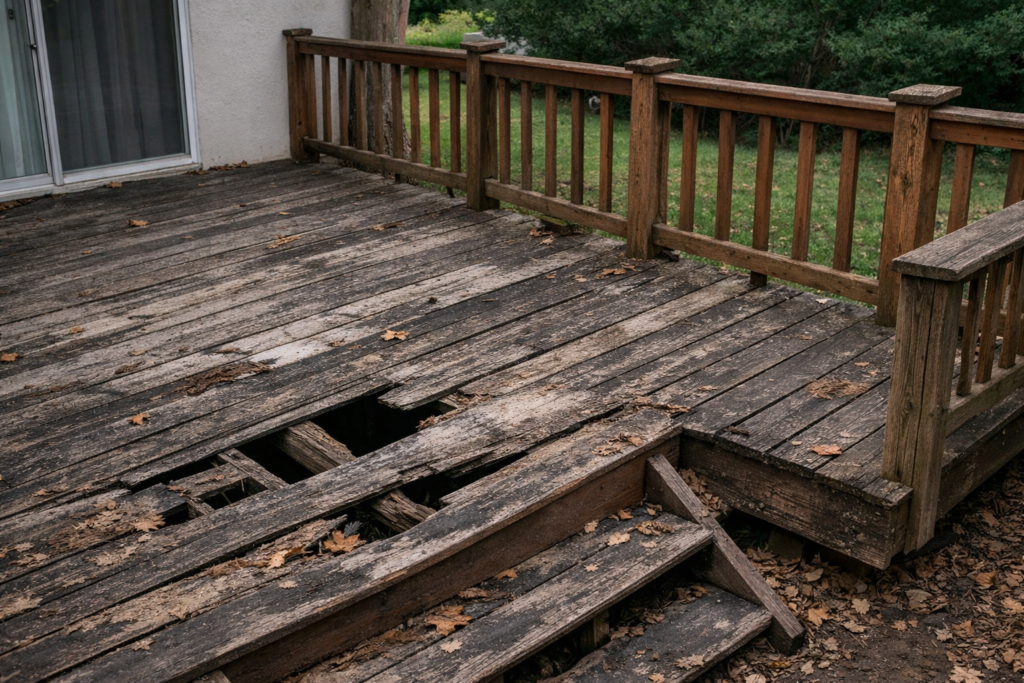 Damaged wooden deck — cracked, rotted boards and peeling paint before professional restoration.