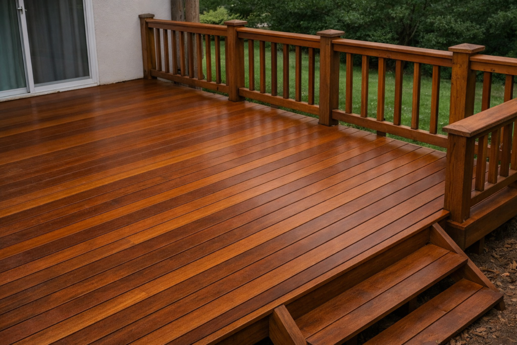 Professionally restored wood deck — new boards, fresh stain, and sealed surface after DeckMaxtor refinishing.