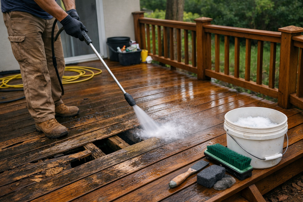 Professional deck cleaning and preparation — technician power washing wood surface before refinishing.