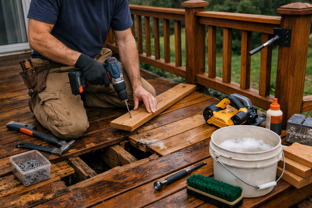 Professional deck repair — technician replacing damaged boards and securing new wood before refinishing.