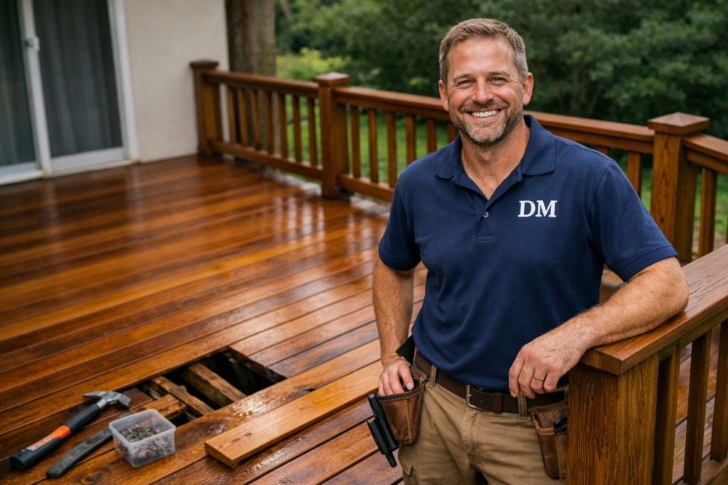 DeckMaxtor deck refinishing technician standing beside a newly refinished wood deck in Maryland.