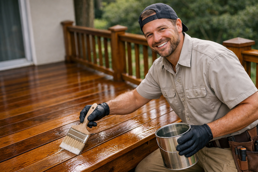 Professional deck sealing and protection — technician applying clear weather-proof sealer to a wood deck.