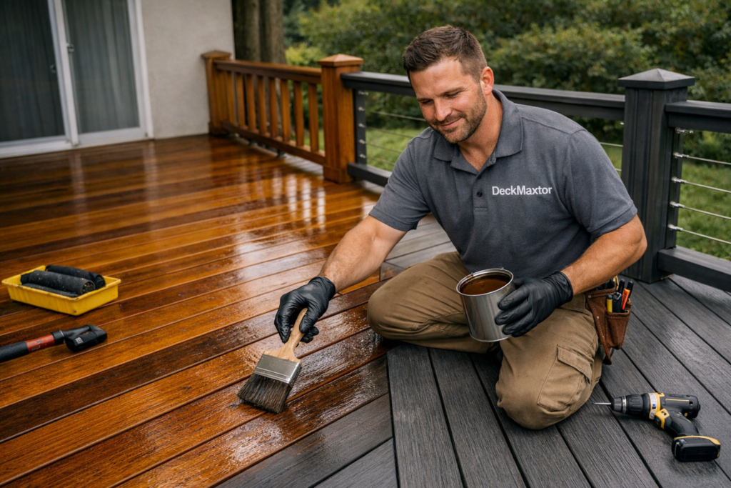 Deck refinishing near me — technician applying stain to a wood and composite deck in Maryland