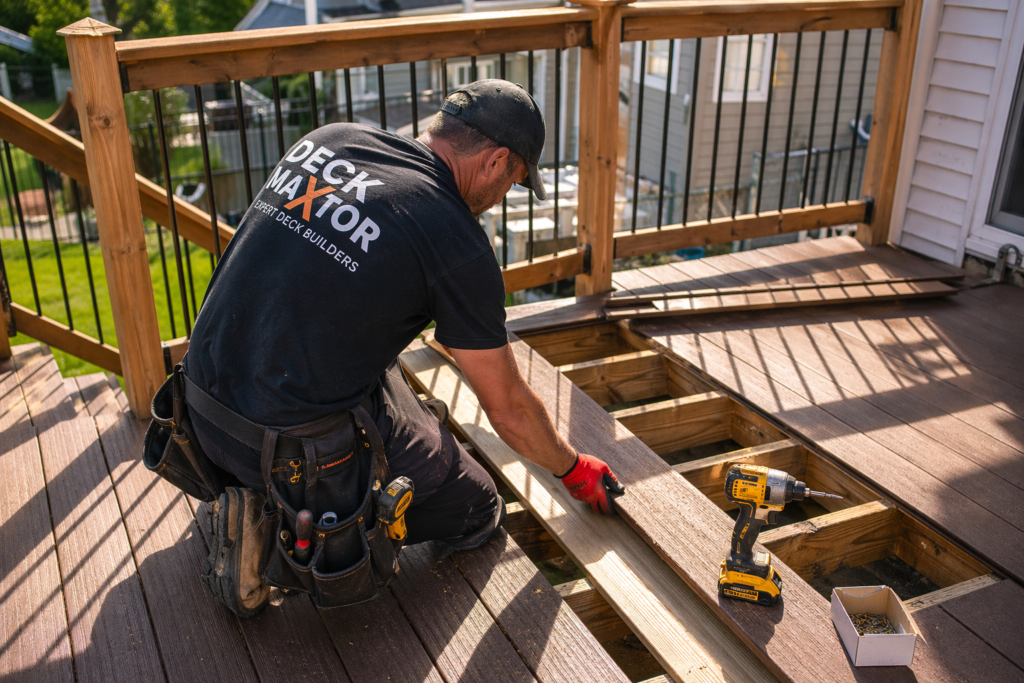 Deck Contractor near me in Montgomery County MD contractor replacing damaged deck boards and reinforcing structure