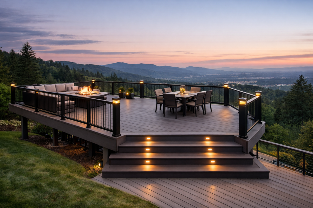 Elevated modern composite deck installation with panoramic view by DeckMaxtor in Montgomery County MD