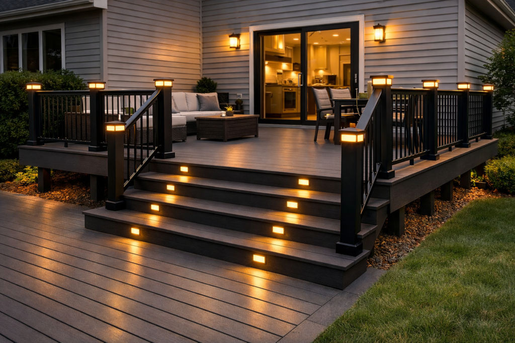 Modern deck with black metal railings, wide LED-lit stairs, and composite Trex or TimberTech finish by DeckMaxtor in Montgomery County MD