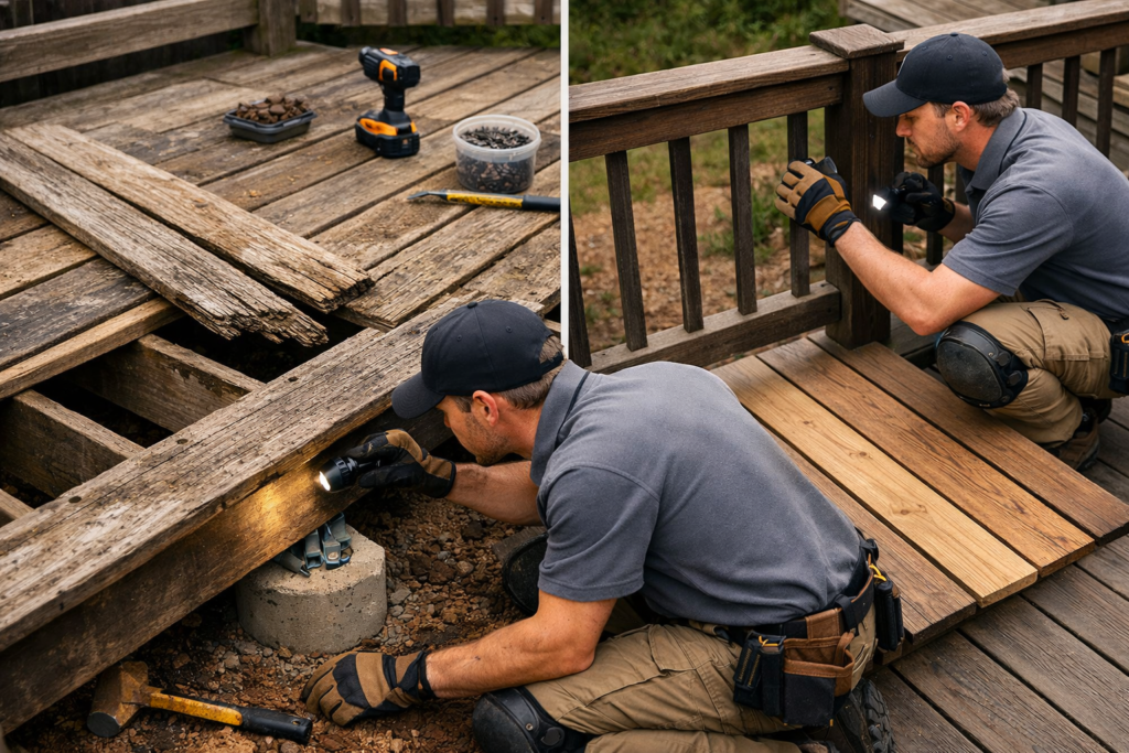 Structural inspection and board repair on a wooden deck by DeckMaxtor in Montgomery County MD
