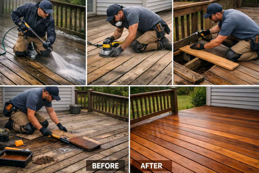 Deck refinishing and staining process by DeckMaxtor in Montgomery County MD showing cleaning, sanding, repair, and staining steps