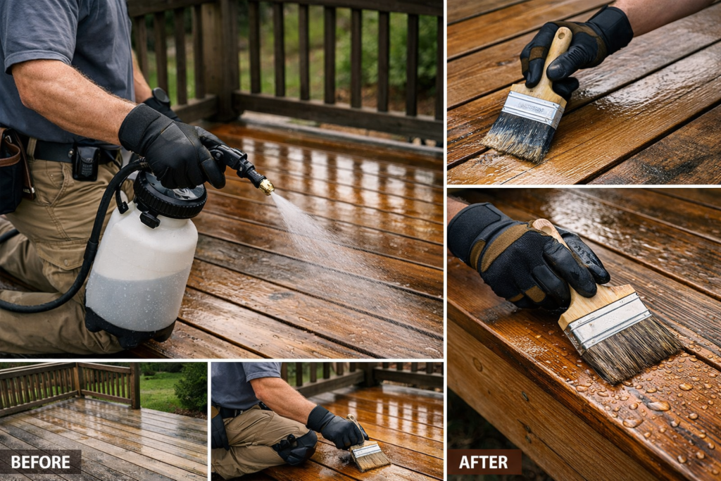 Technical deck sealing process in Montgomery County MD showing spray and brush application for weather protection