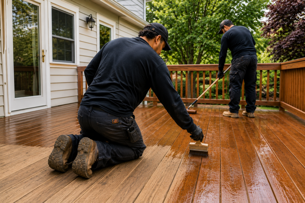 Deep cleaning and surface preparation of a wooden deck — younger technician pressure washing and restoring wood before staining.