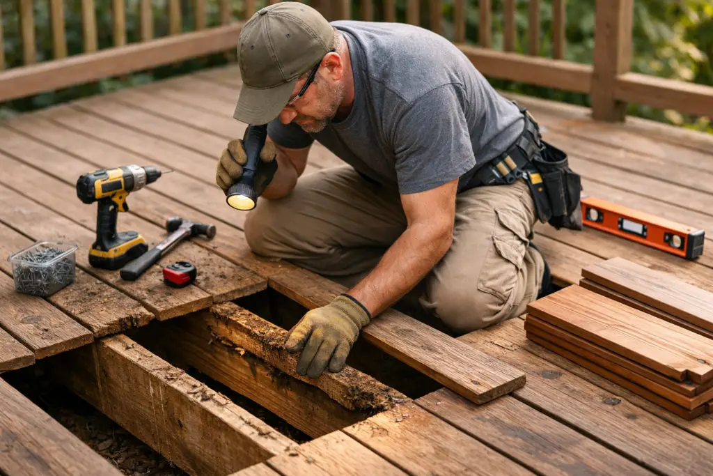 Structural inspection and board repair on a wooden deck — technician evaluating joists, removing damaged boards, and ensuring structural safety.