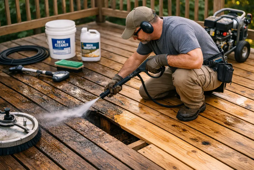 Deep cleaning and surface preparation of a wooden deck — professional technician pressure washing and restoring the wood before staining.