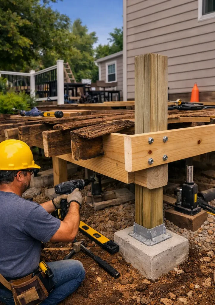 Deck repair and structural upgrades in Gaithersburg, MD — professional technician reinforcing deck posts and beams with new pressure-treated wood.