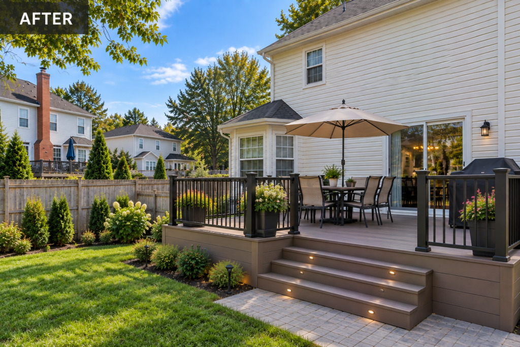 Completed composite deck in Aspen Hill, MD with modern black railings, wide stairs, outdoor dining, and neighboring homes