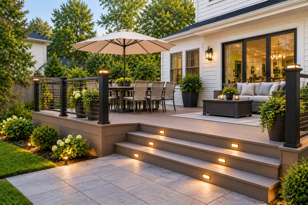 New composite deck in Bethesda, MD with modern cable railings, wide stairs, outdoor dining, and landscaped surroundings