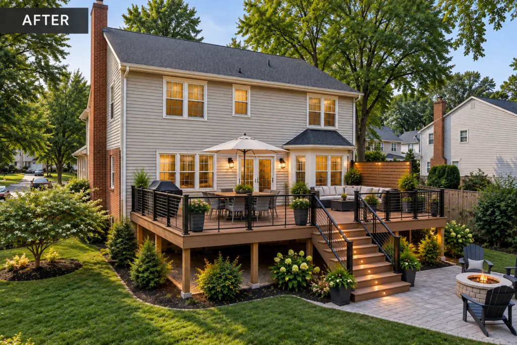 Completed composite deck in Calverton, MD with modern black railings, illuminated stairs, and landscaped backyard