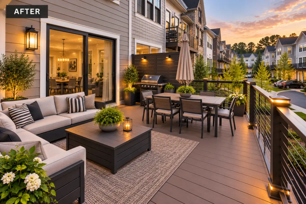 Completed composite deck in Clarksburg, MD with modern cable railings, outdoor lounge, dining area, grill, and landscaped townhouse community