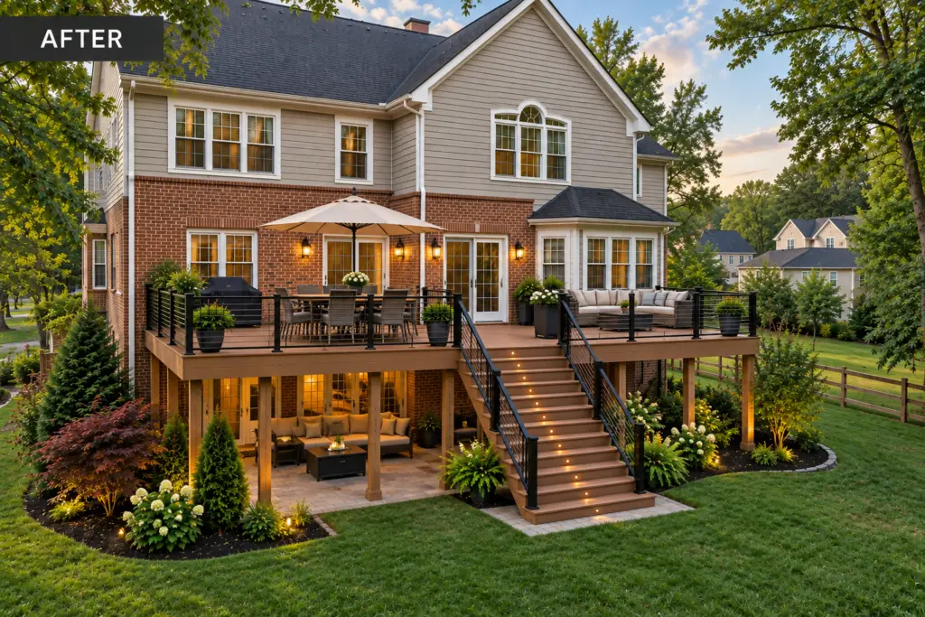 Completed composite deck in Damascus, MD with modern black railings, illuminated stairs, outdoor seating, and landscaped backyard