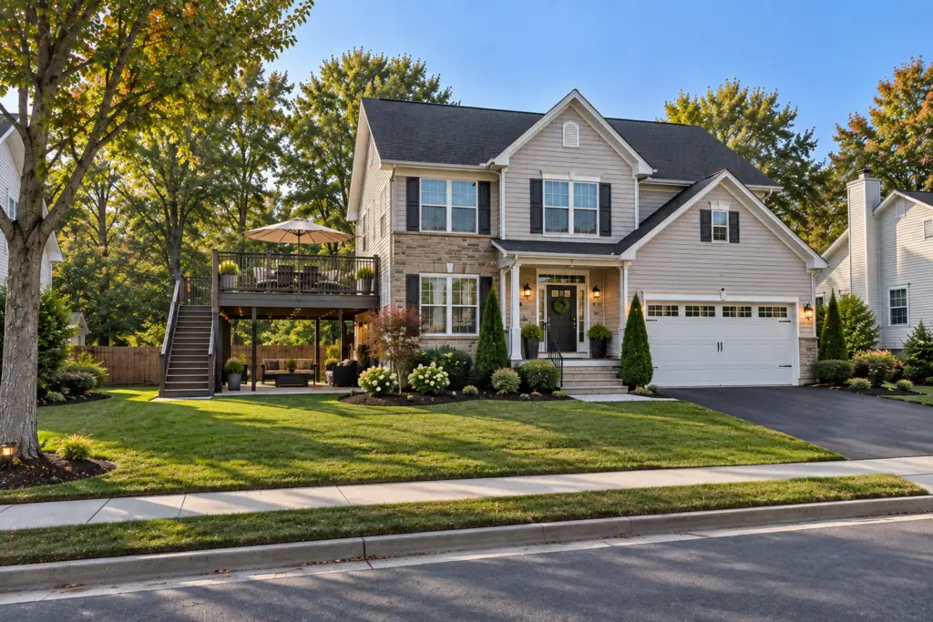 Completed composite deck in Fairland, MD with modern railings, outdoor seating, landscaped yard, and full home exterior