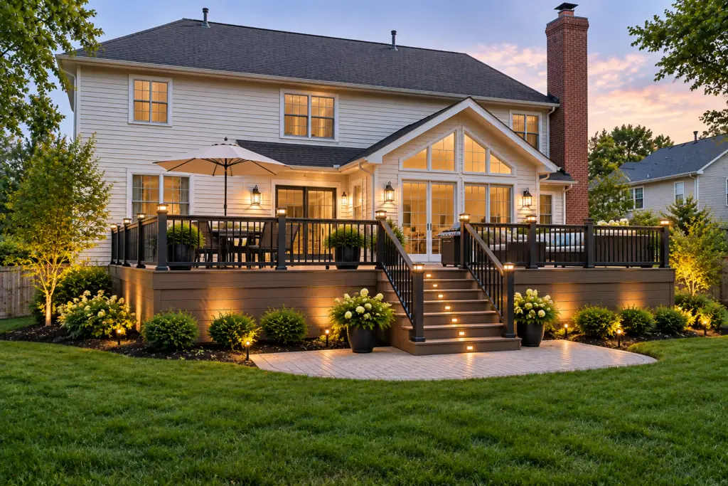New composite deck in Germantown, MD with modern railings, illuminated stairs, outdoor seating, and landscaped yard