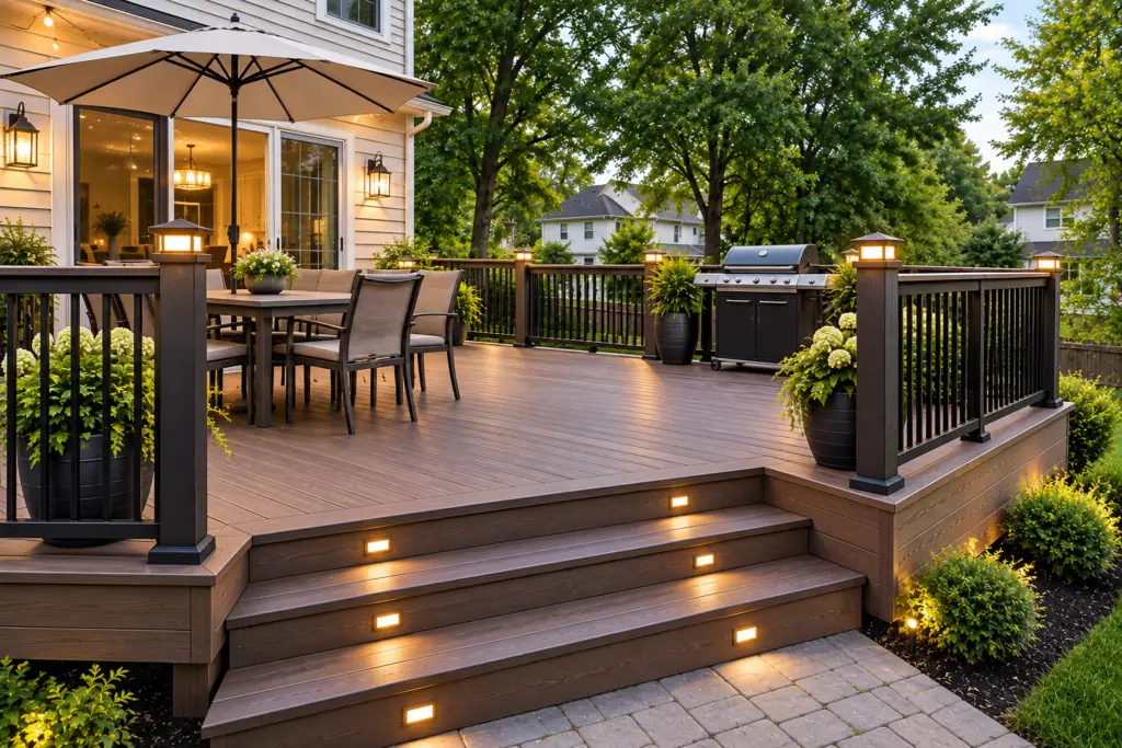 New composite deck in Kensington, MD with modern railings, illuminated stairs, outdoor dining, and landscaping