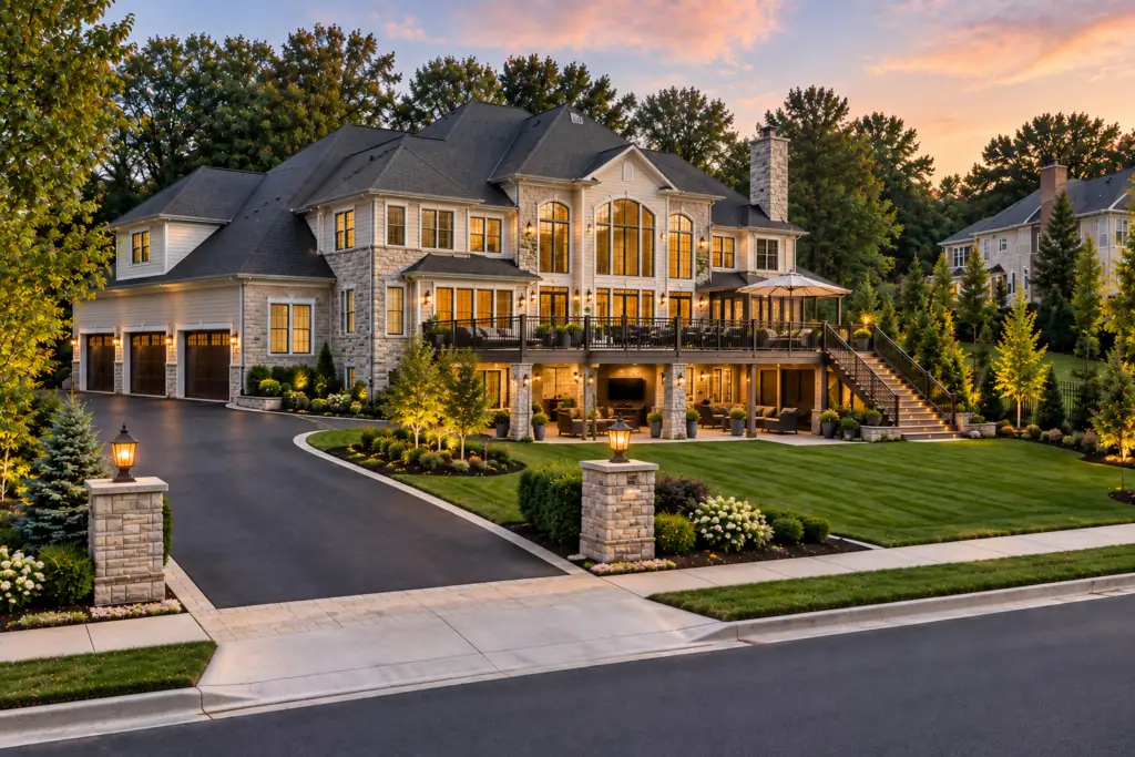 Completed composite deck in North Potomac, MD with luxury home, modern railings, outdoor living area, and landscaped grounds