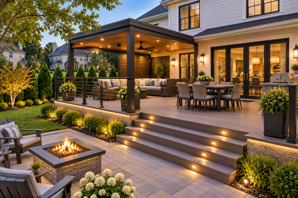 Completed composite deck in Potomac, MD with covered outdoor living area, modern railings, fire pit, and landscaped yard
