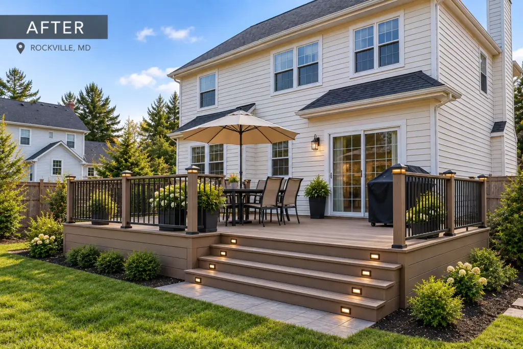 Completed composite deck in Rockville, MD with modern cable railings, covered outdoor kitchen, illuminated stairs, and landscaping