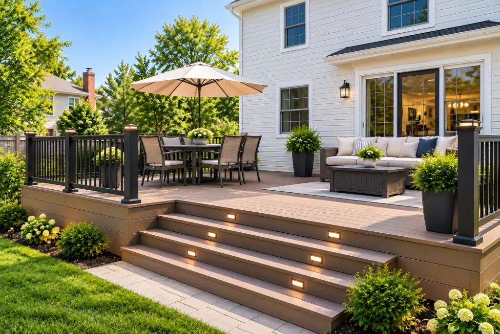 New composite deck in Silver Spring, MD with modern black railings, wide stairs, outdoor seating, and landscaping