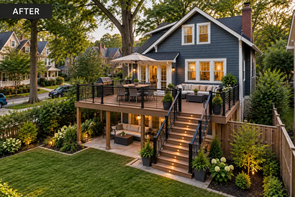 Completed composite deck in Takoma Park, MD with modern black railings, illuminated stairs, and landscaped backyard
