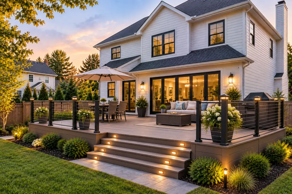 Completed composite deck in Wheaton, MD with modern cable railings, illuminated stairs, outdoor seating, and landscaping