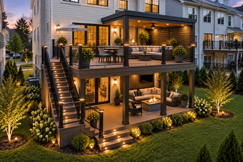 Completed two-story composite deck in Olney, MD with modern railings, illuminated stairs, outdoor seating, and neighboring townhomes