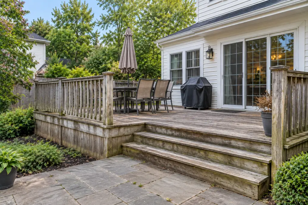 Before composite deck builder project in Bethesda, MD showing a weathered wooden deck
