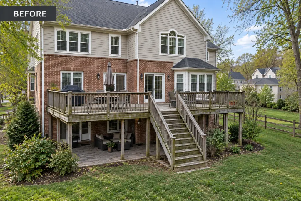 Before composite deck builder project in Damascus, MD showing a weathered wood deck and aging stairs