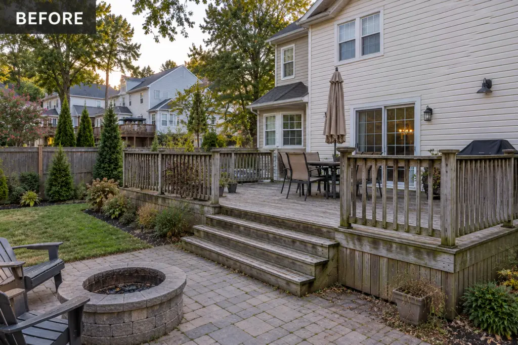 Before composite deck builder project in North Bethesda, MD showing a weathered wooden deck and backyard