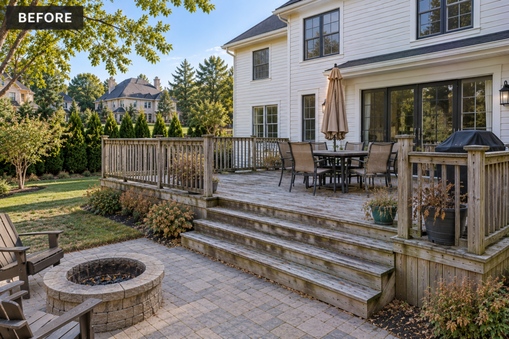 Before composite deck builder project in Potomac, MD showing an aging wood deck and backyard
