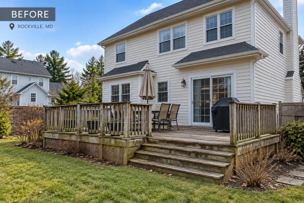 Before composite deck builder project in Rockville, MD showing a weathered wooden deck