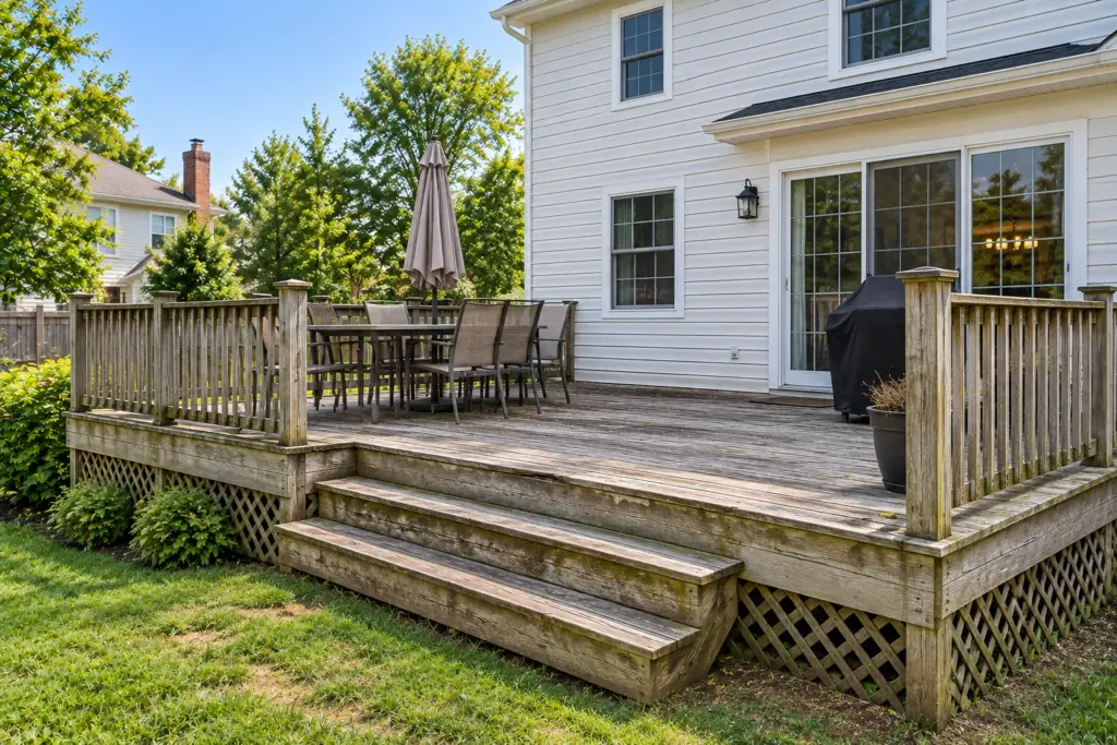 Before composite deck builder project in Silver Spring, MD showing a weathered wooden deck