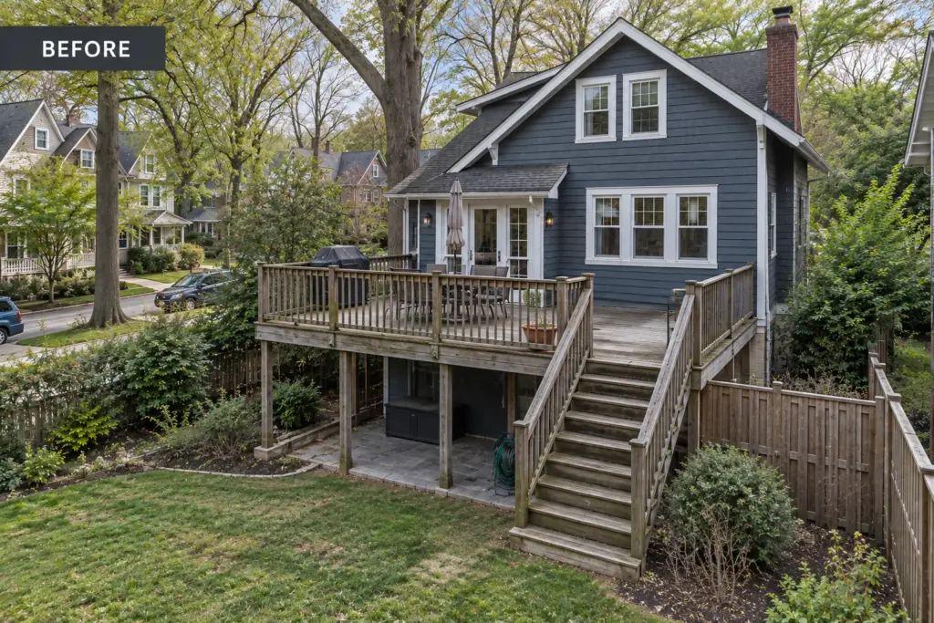 Before composite deck builder project in Takoma Park, MD showing a weathered wood deck and aging stairs