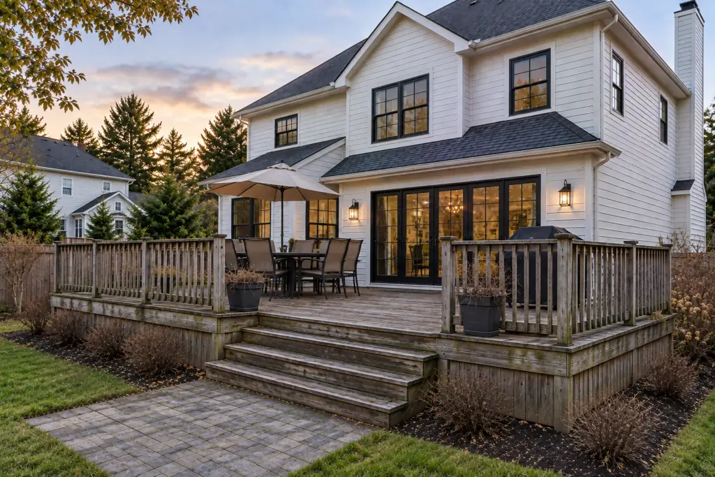 Before composite deck builder project in Wheaton, MD showing a weathered wooden deck