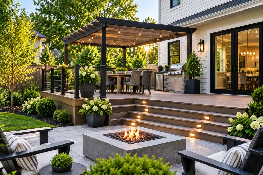 Composite deck builder in Montgomery County, MD with a modern pergola, outdoor kitchen, and landscaped backyard