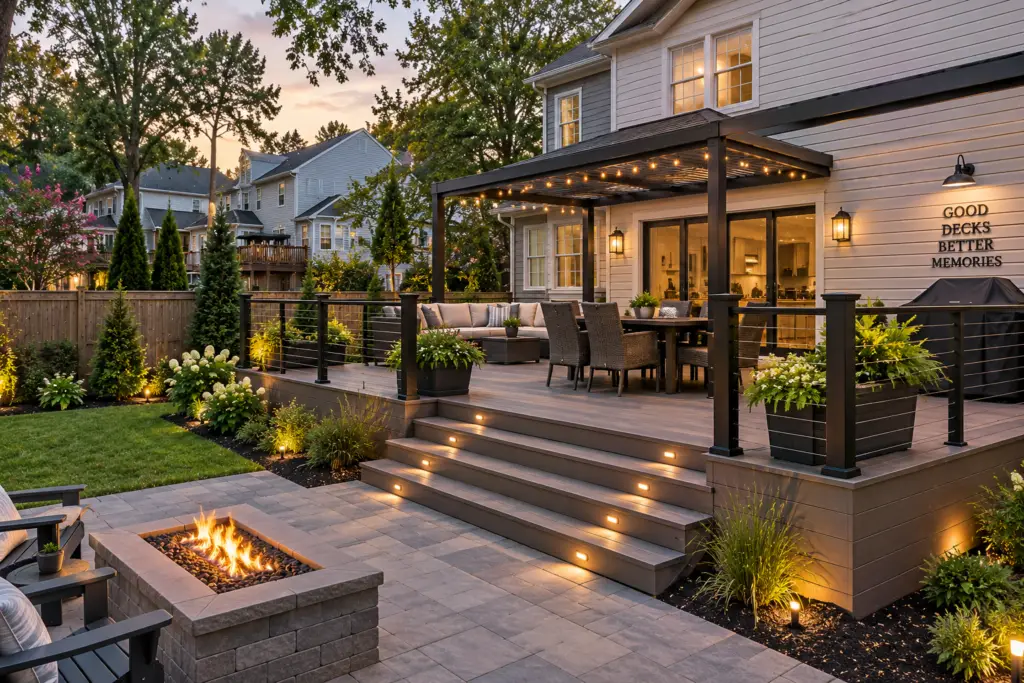 Completed composite deck in North Bethesda, MD with pergola, fire pit, modern railings, and landscaped backyard