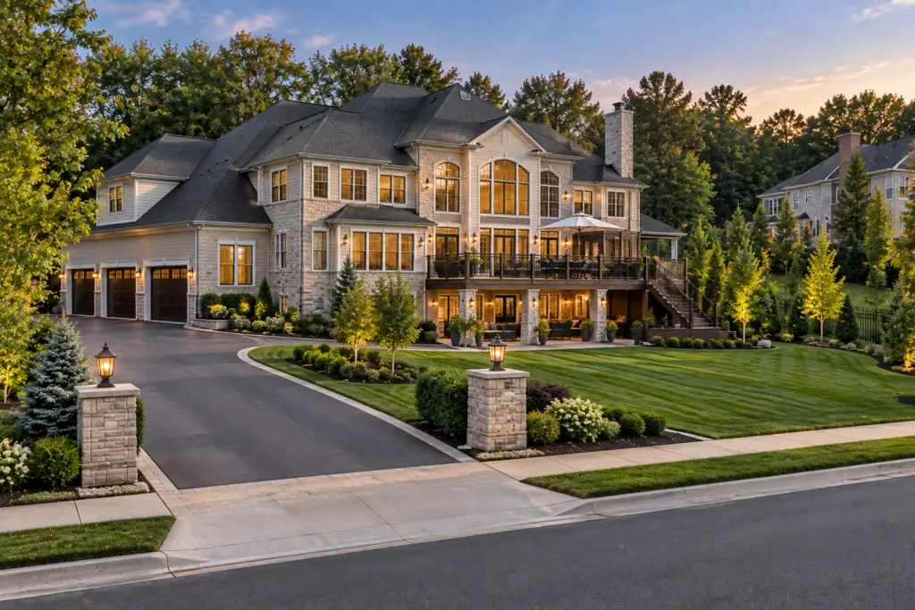 Luxury composite deck builder project in North Potomac, MD with a large custom home, landscaped yard, and outdoor living area
