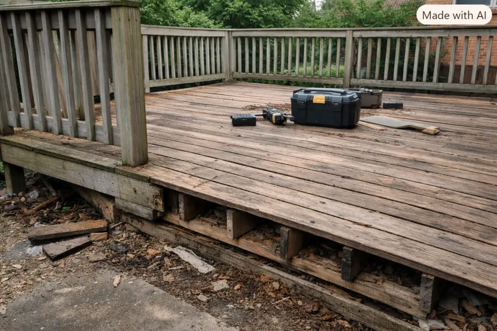 New composite deck built by DeckMaxtor featuring gray‑brown boards, black railings, and wide stairs leading to a landscaped backyard.